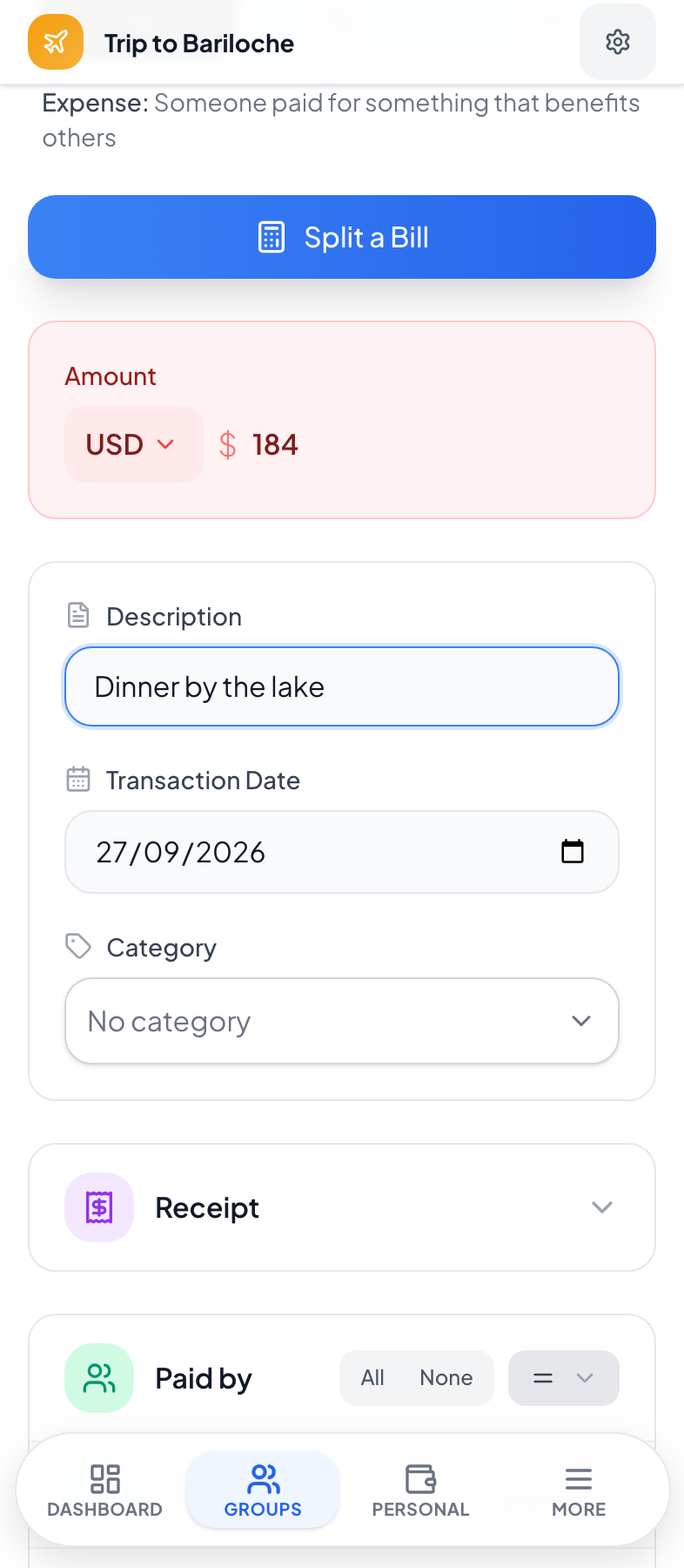Current Spliteo expense form with a sample dinner amount and description