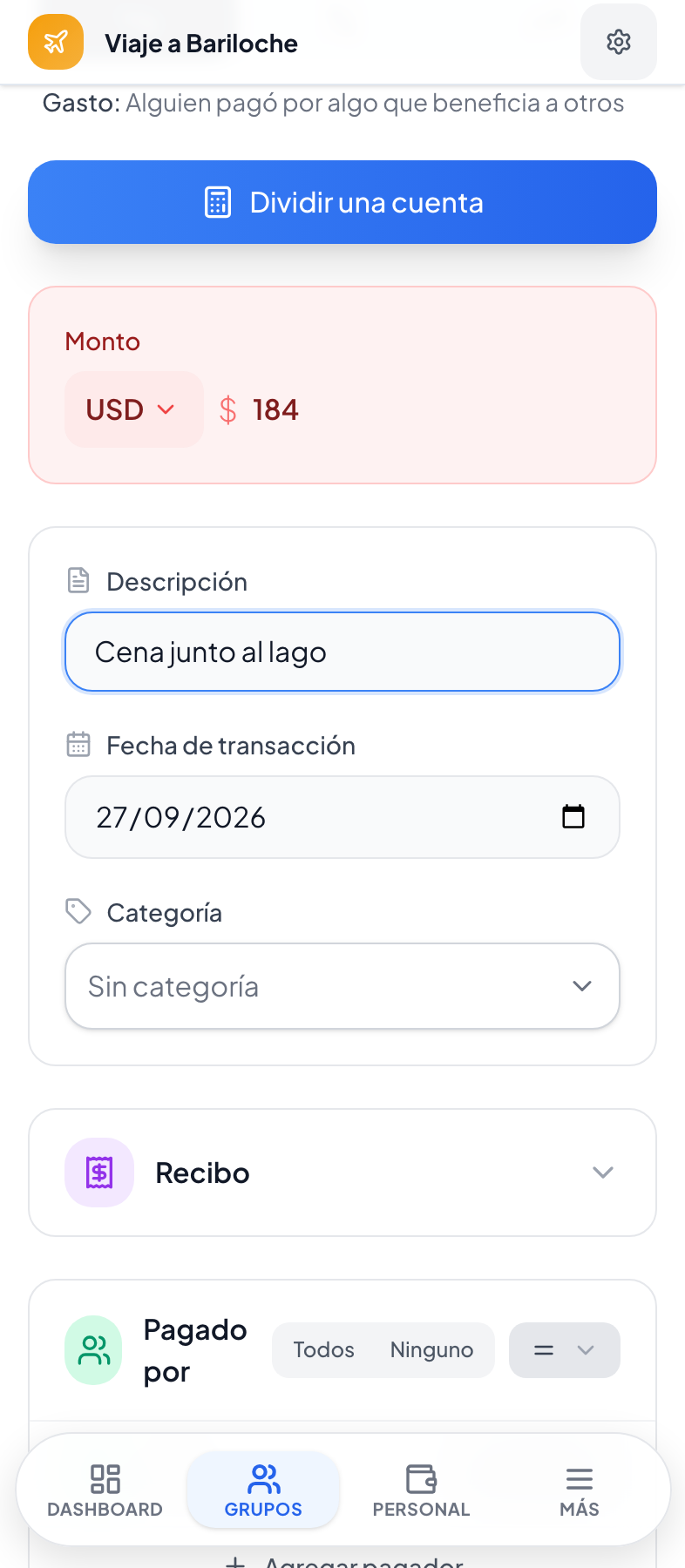 Formulario actual de Spliteo para agregar un gasto con monto y descripción de ejemplo