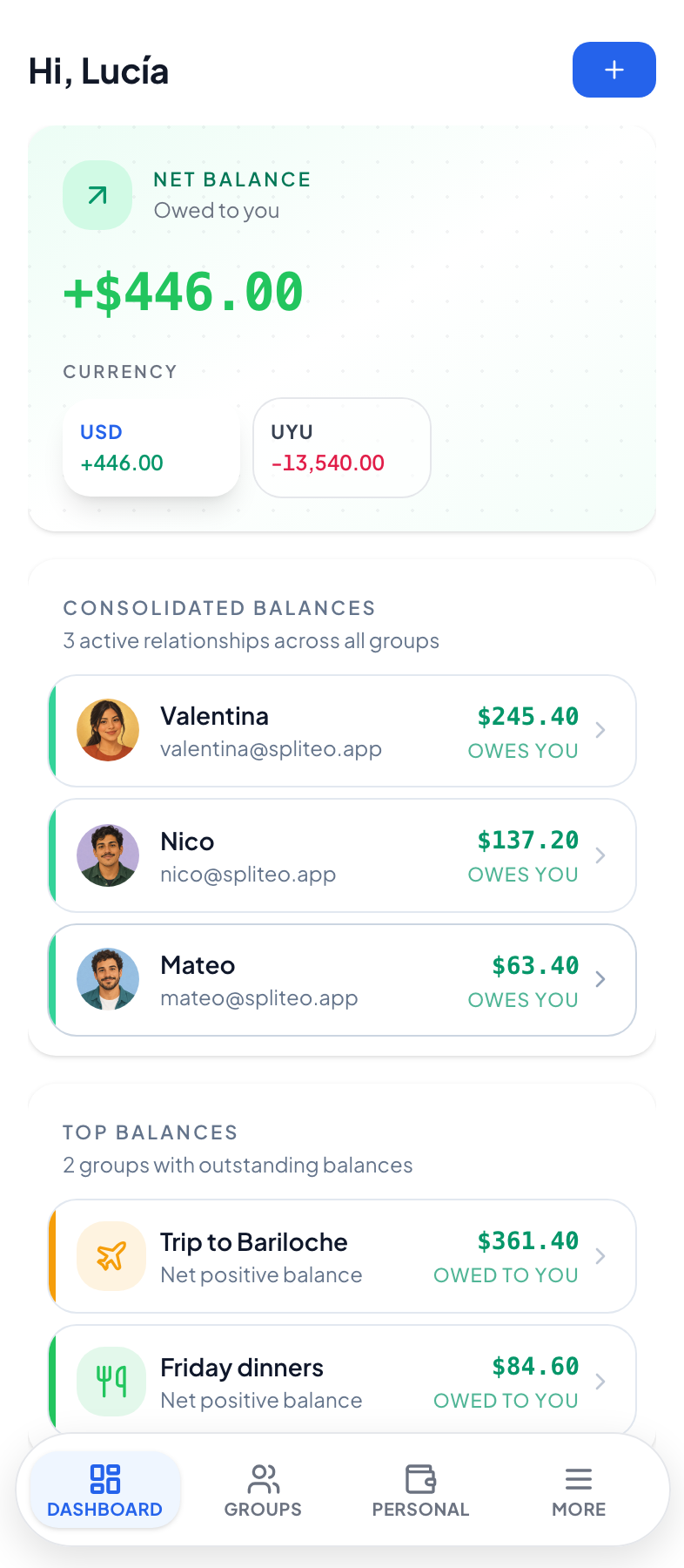 Current Spliteo mobile Dashboard with currency totals and consolidated balances